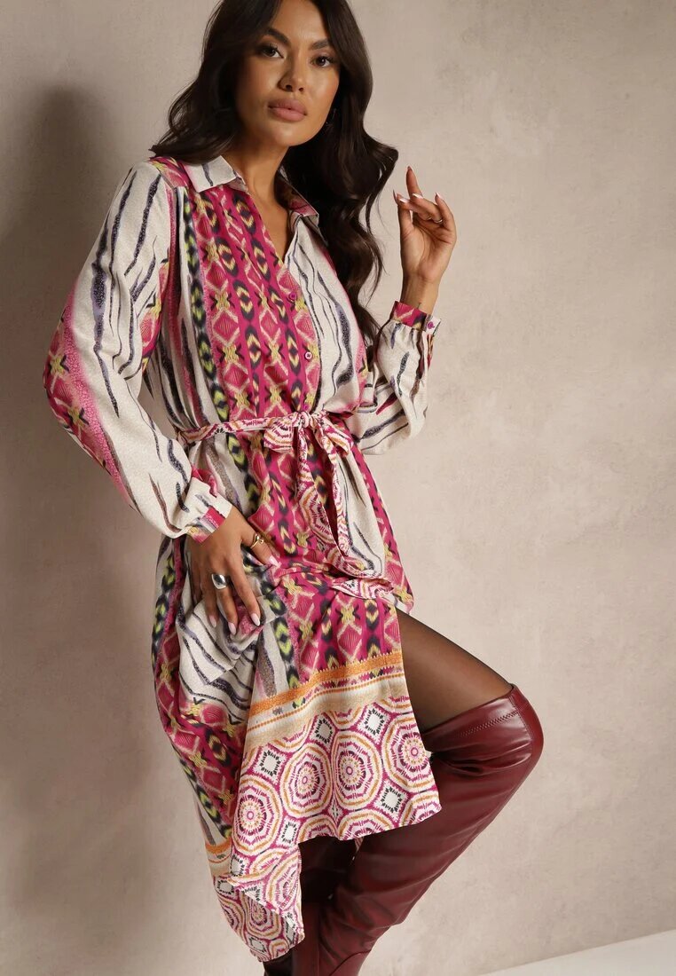 unigirl Rochie Cămașă Fucsia-Bej Legată în Talie Decorată cu Model Abstract Nilima