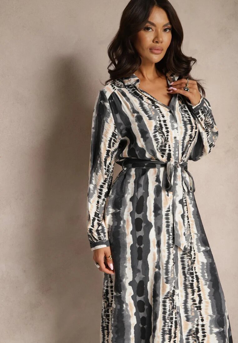 unigirl Rochie cămașă Gri din Viscoză Decorată cu o Cureaua din Material Elliorwen