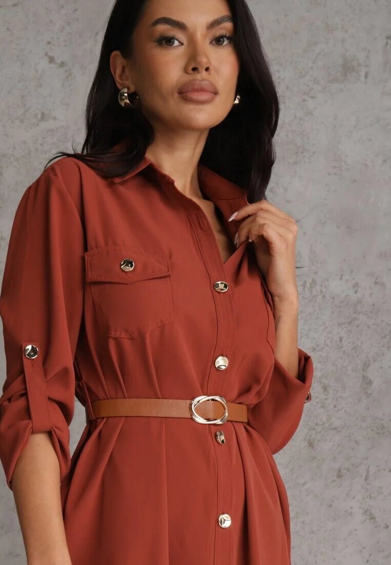 unigirl Rochie cămașă Maro Decorată cu Centură și Mânecă reglabilă Esaviona