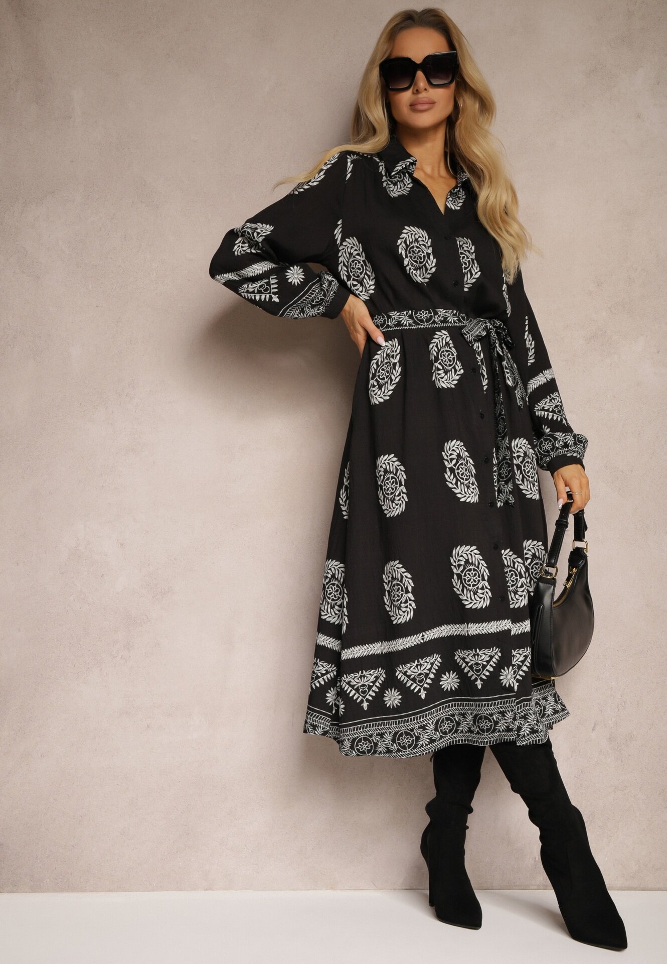 unigirl Rochie Cămașă Neagră Legată în Talie în Stil Boho Rorisha