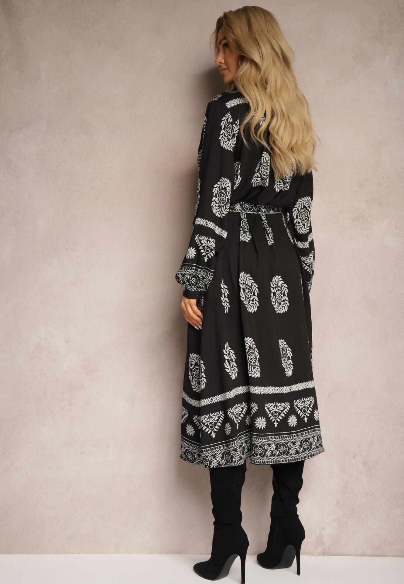 unigirl Rochie Cămașă Neagră Legată în Talie în Stil Boho Rorisha