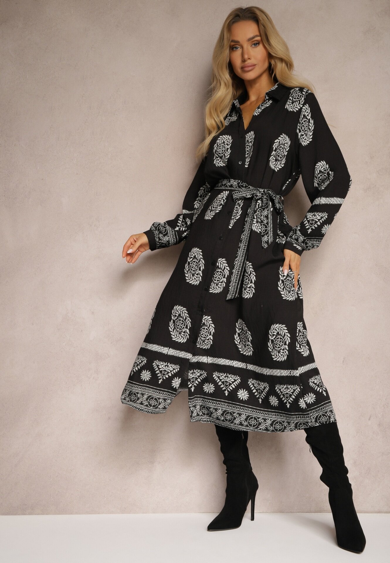 unigirl Rochie Cămașă Neagră Legată în Talie în Stil Boho Rorisha