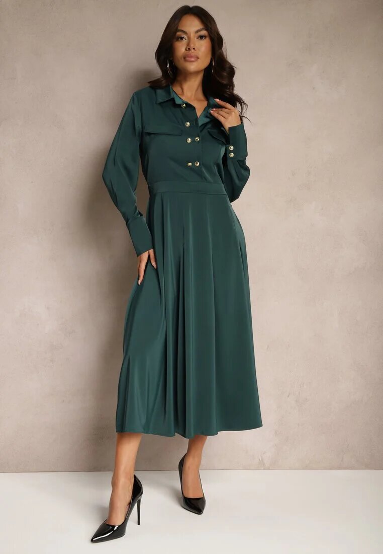 unigirl Rochie Cămașă Verde cu croi evazat cu elastic în talie și imitație de buzunare Etaviela