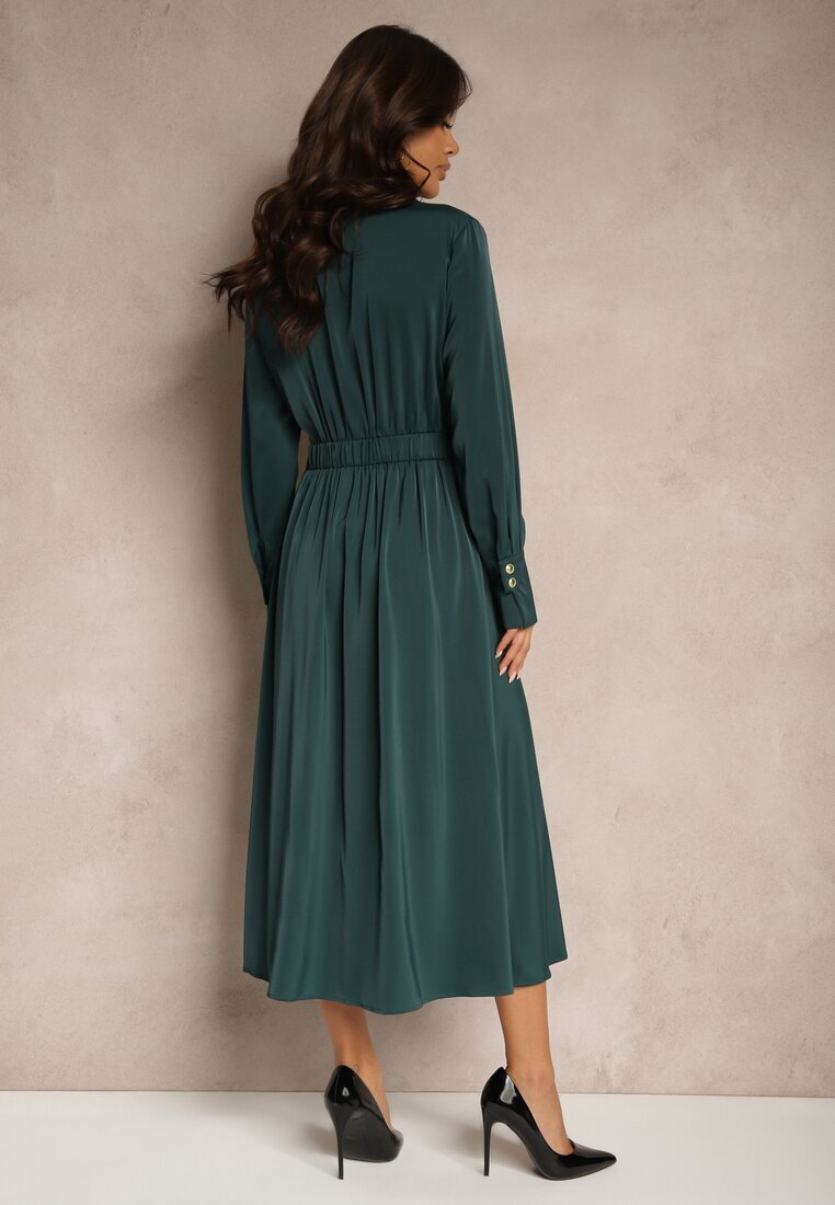 unigirl Rochie Cămașă Verde cu croi evazat cu elastic în talie și imitație de buzunare Etaviela