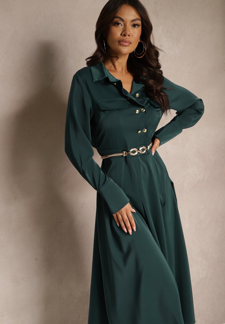 unigirl Rochie Cămașă Verde cu croi evazat cu elastic în talie și imitație de buzunare Etaviela