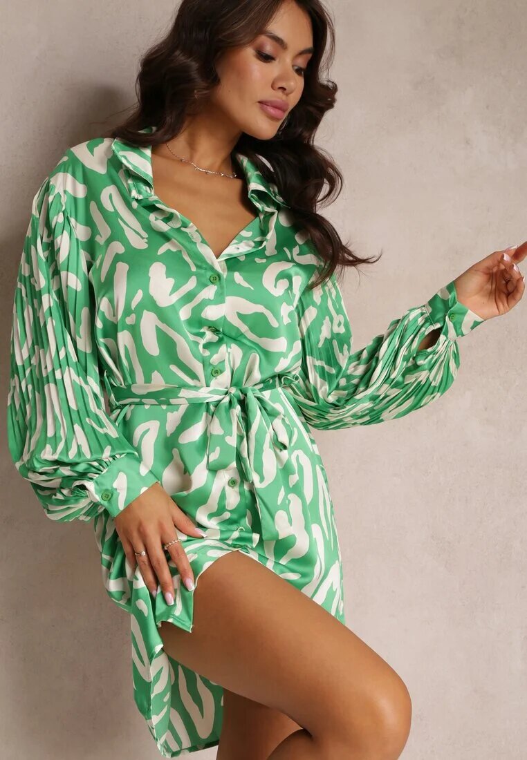 unigirl Rochie cămașă Verde cu Inserții Plisate și Curea din Material Lizza