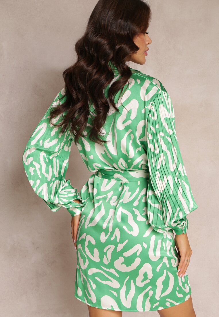 unigirl Rochie cămașă Verde cu Inserții Plisate și Curea din Material Lizza