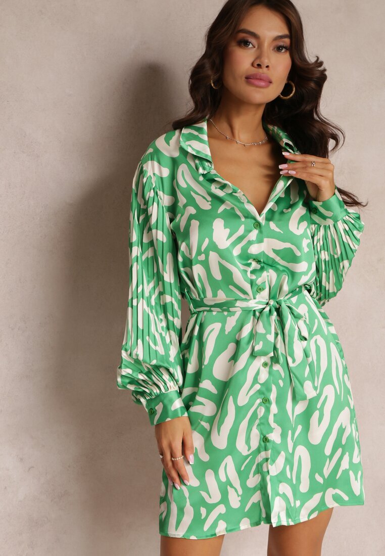 unigirl Rochie cămașă Verde cu Inserții Plisate și Curea din Material Lizza
