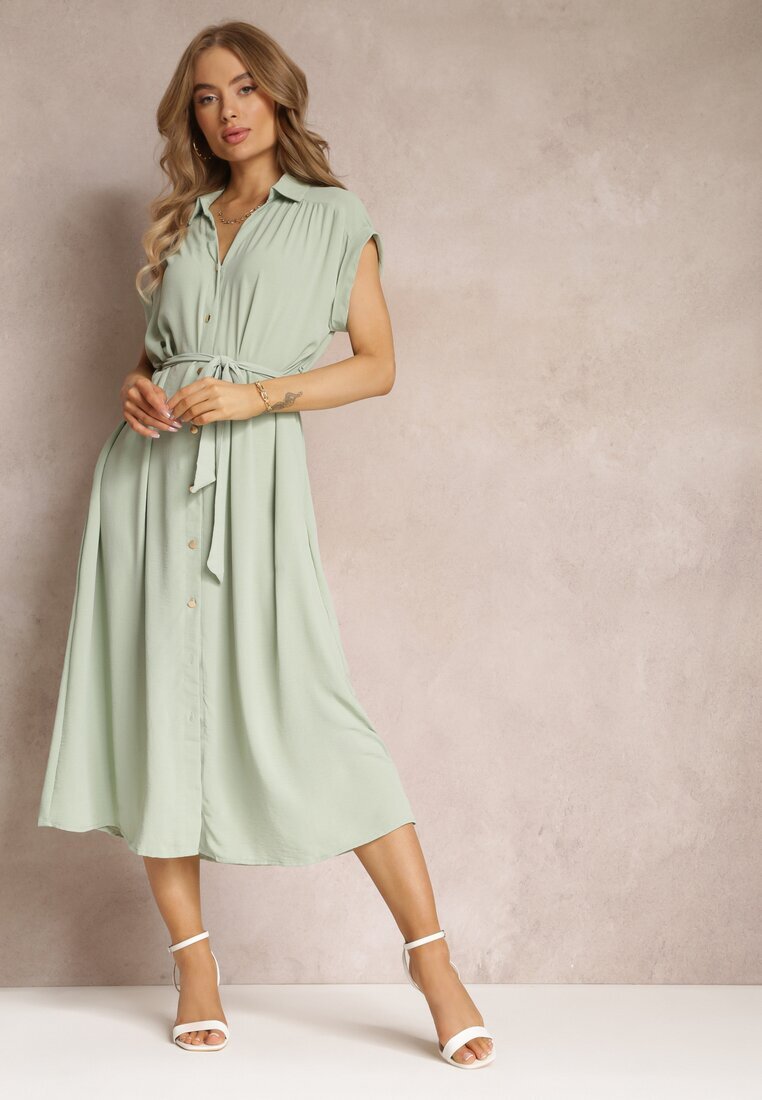 unigirl Rochie Cămașă Verde Deschis cu Mâneci Scurte și Curea Legată Denalia