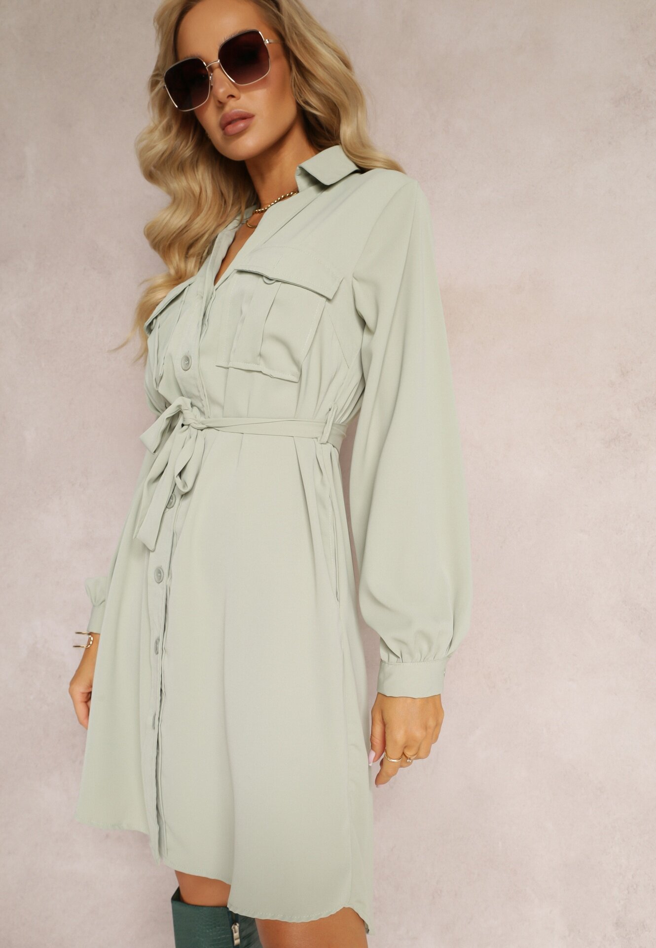 unigirl Rochie Cămașă Verde Deschis Mini Din Bumbac Zenata