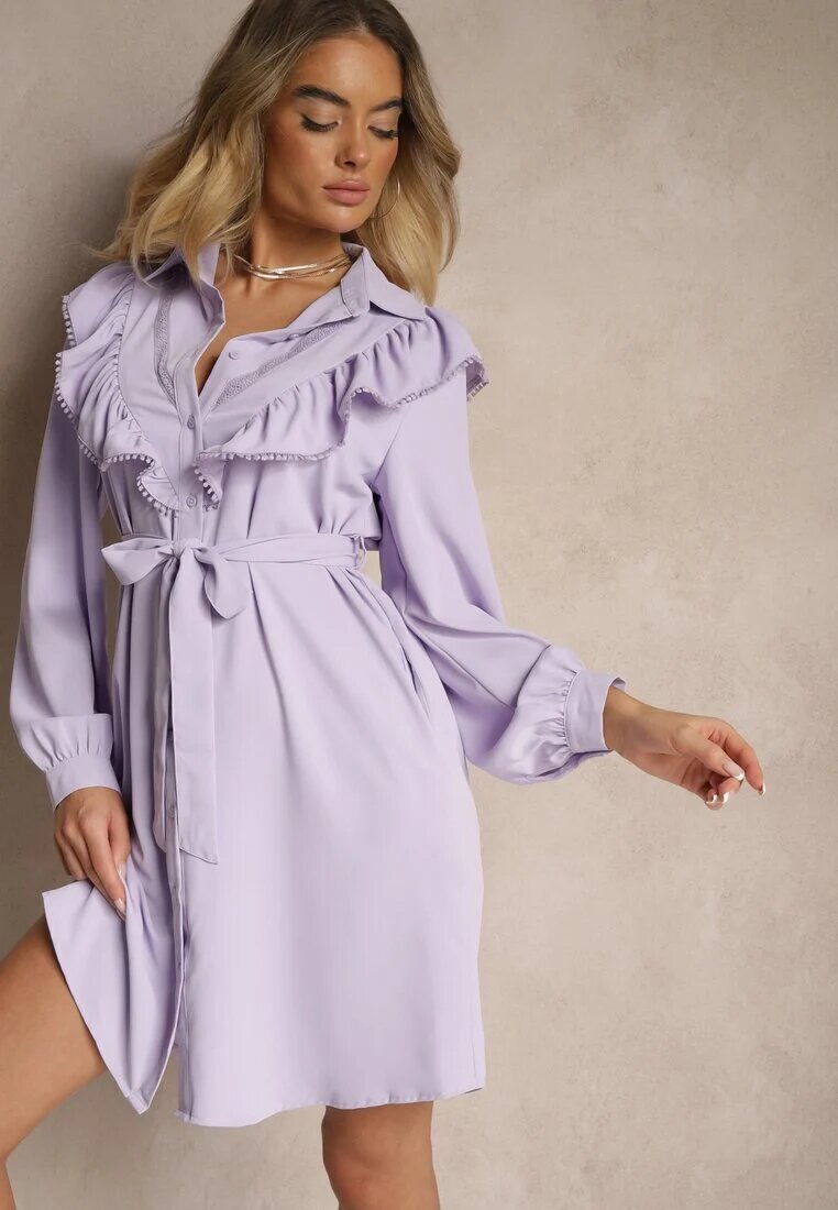 unigirl Rochie Cămașă Violetă Cloche cu Volane și Dantelă Naik