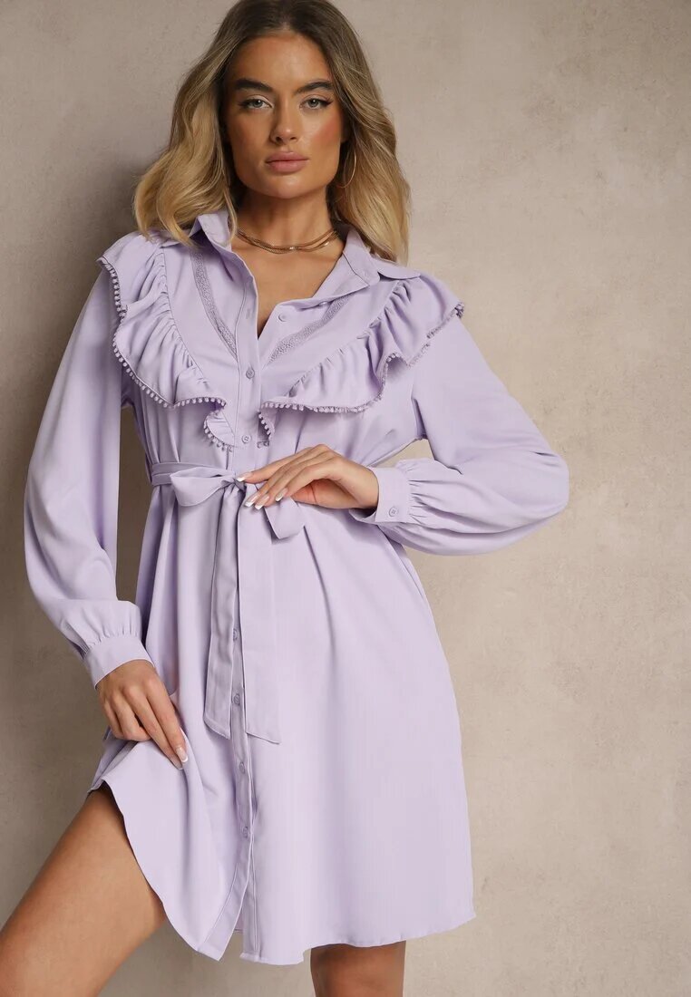 unigirl Rochie Cămașă Violetă Cloche cu Volane și Dantelă Naik