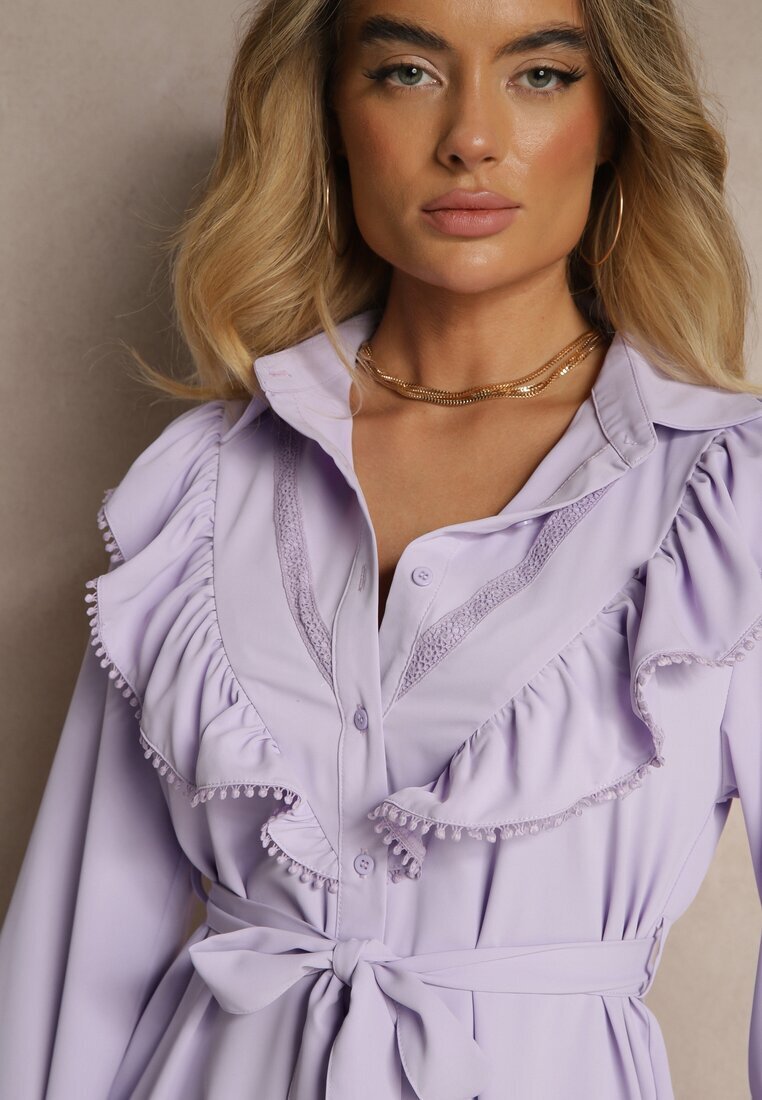 unigirl Rochie Cămașă Violetă Cloche cu Volane și Dantelă Naik