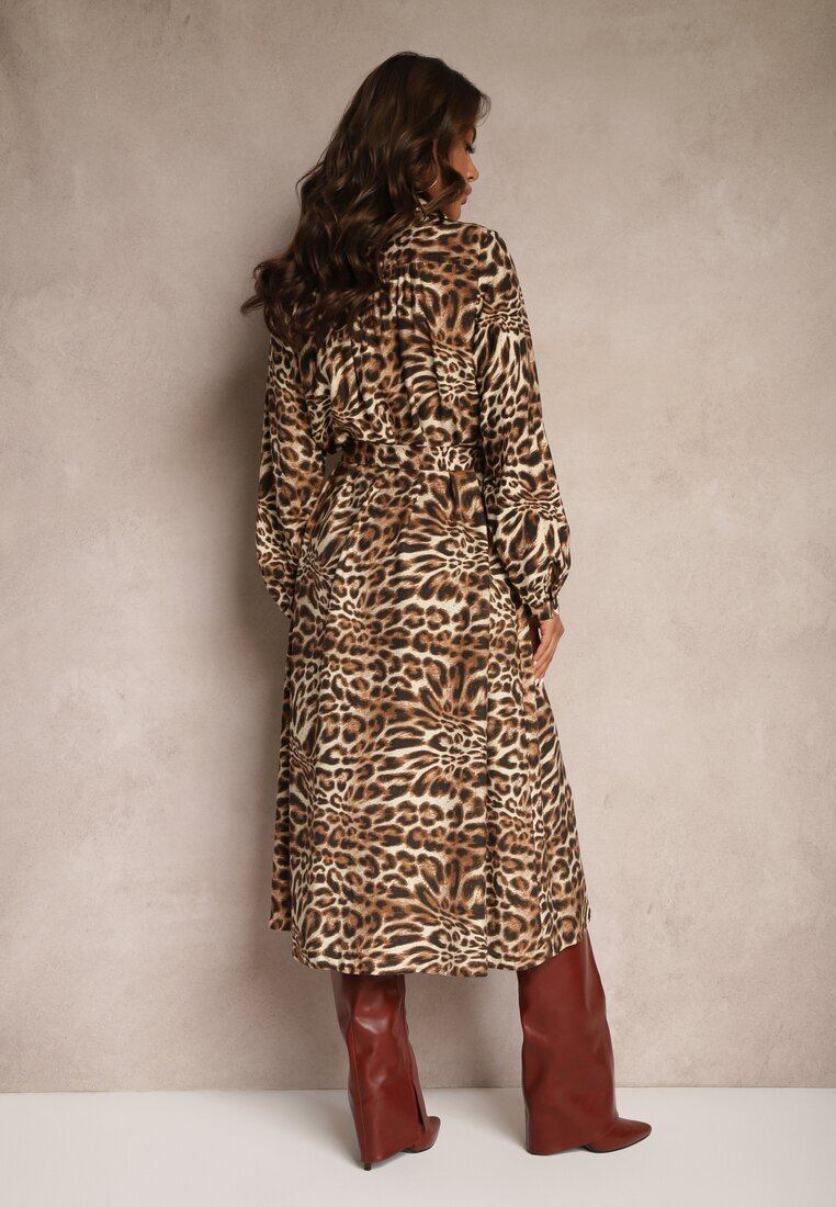 unigirl Rochie Camisieră Maro cu Vâscoză cu Cordon Legat cu Imprimeu Leopard Raidra