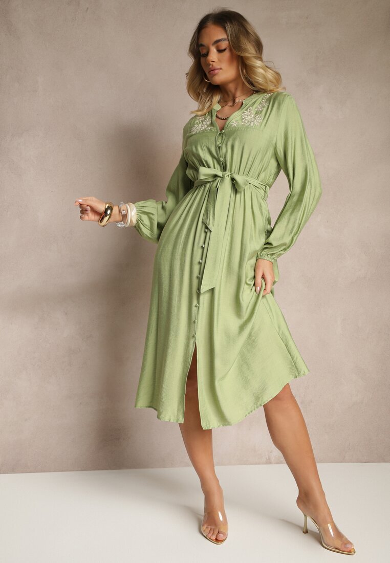 unigirl Rochie Cloș Verde din Viscoză Decorată cu Broderie și cu Centură cu Legare Elvania