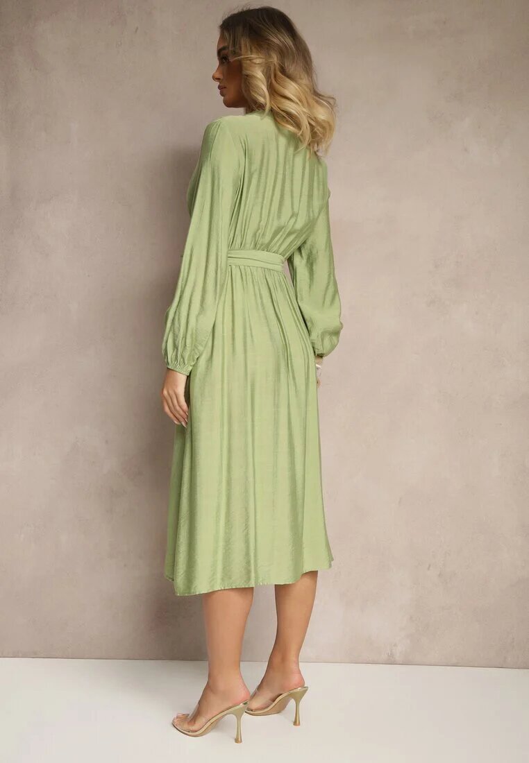 unigirl Rochie Cloș Verde din Viscoză Decorată cu Broderie și cu Centură cu Legare Elvania