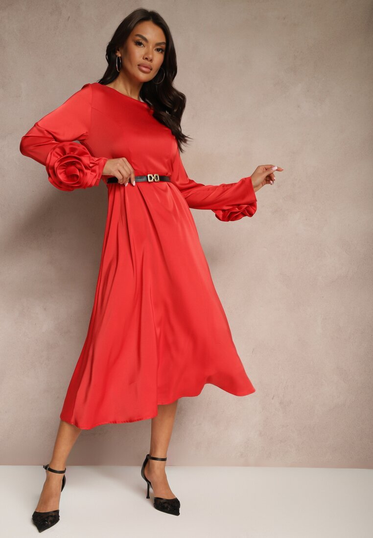 unigirl Rochie Cocktail Roșie cu Aplicații Florale 3D pe Mâneci și Curea Temiraia