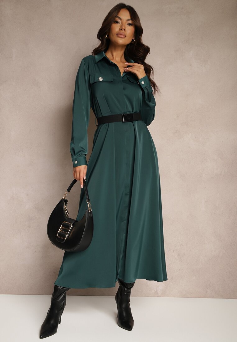 unigirl Rochie de Satin Verde camisieră cu imitații de buzunare și curea Vaminay