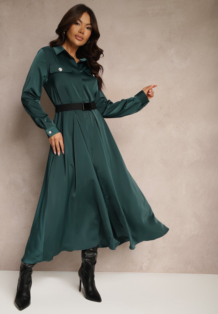 unigirl Rochie de Satin Verde camisieră cu imitații de buzunare și curea Vaminay