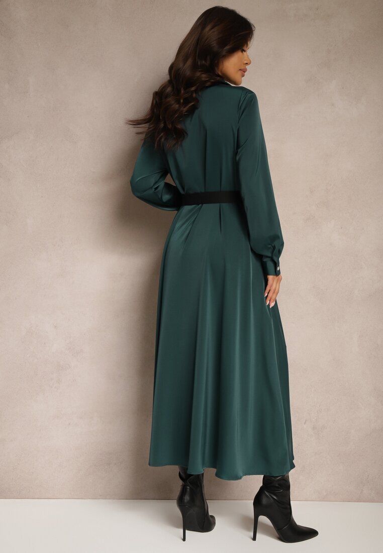 unigirl Rochie de Satin Verde camisieră cu imitații de buzunare și curea Vaminay