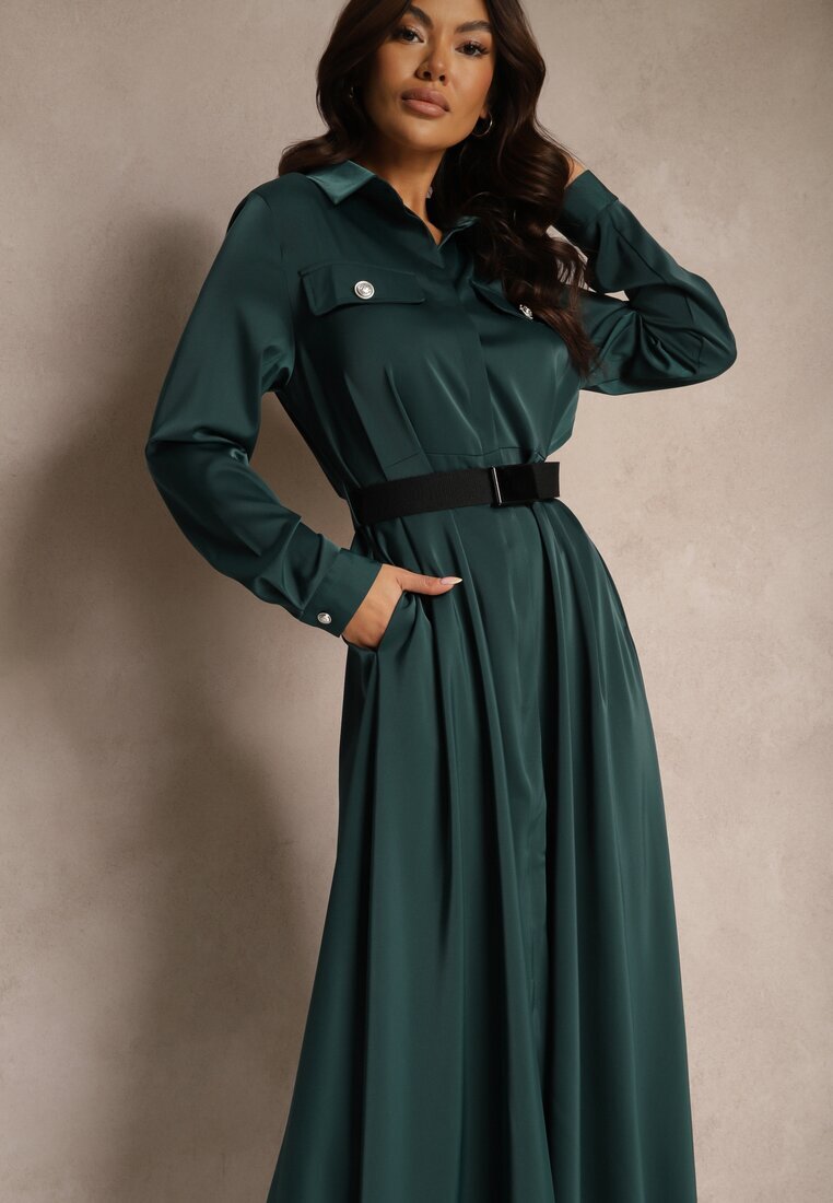 unigirl Rochie de Satin Verde camisieră cu imitații de buzunare și curea Vaminay
