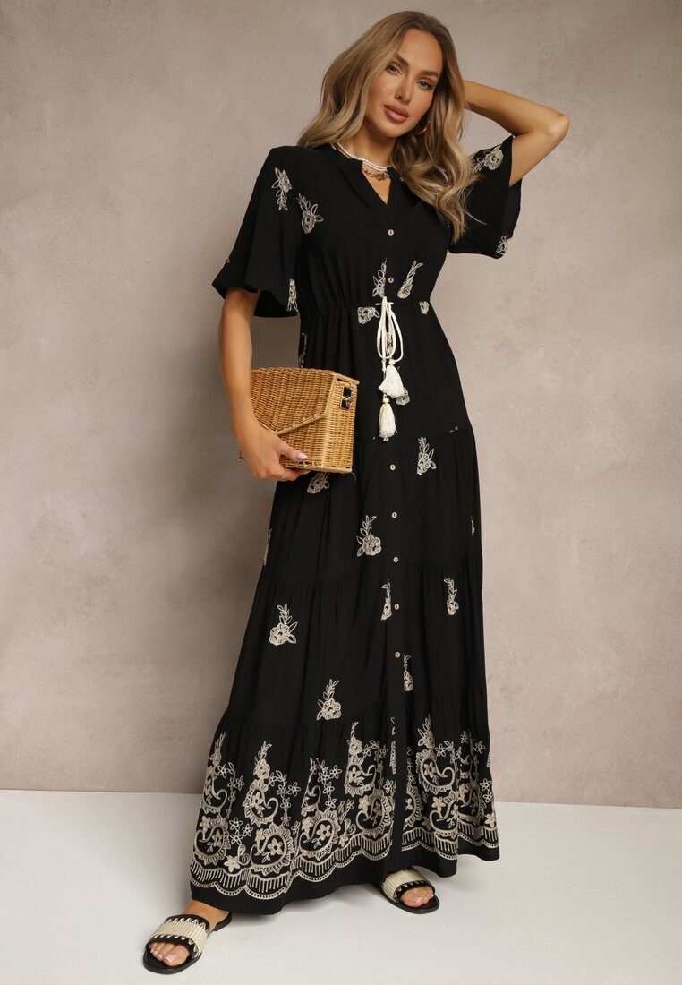 unigirl Rochie Evazată Neagră Boho din Viscoză Decorată cu Broderie și cu Legături Falvania