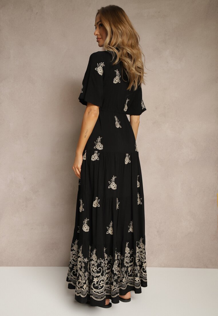 unigirl Rochie Evazată Neagră Boho din Viscoză Decorată cu Broderie și cu Legături Falvania