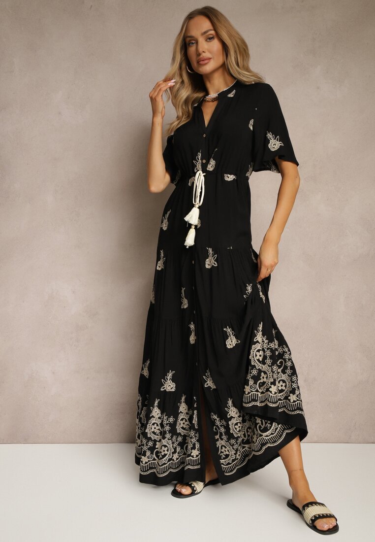 unigirl Rochie Evazată Neagră Boho din Viscoză Decorată cu Broderie și cu Legături Falvania