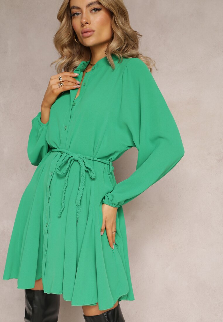 unigirl Rochie Evazată Tip Cămașă Verde cu Curea Javiana