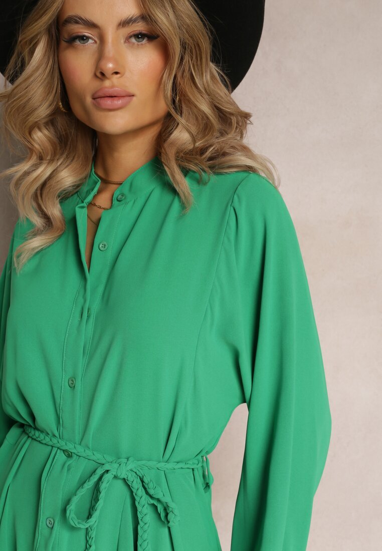 unigirl Rochie Evazată Tip Cămașă Verde cu Curea Javiana