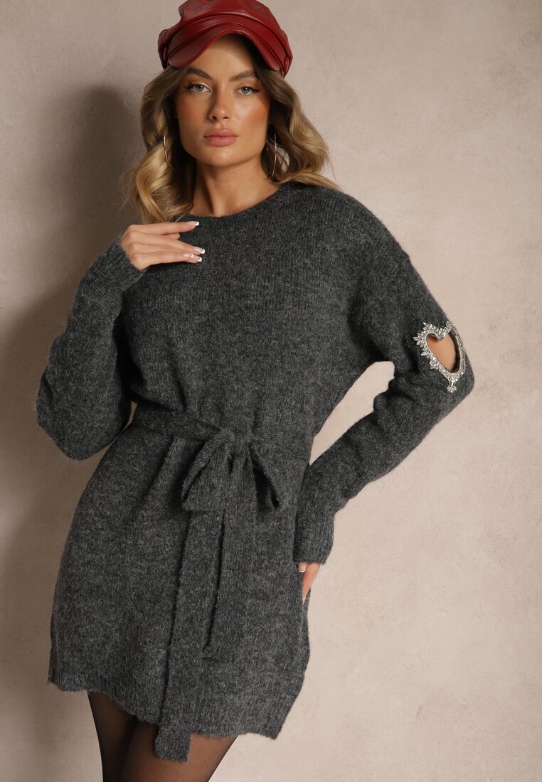 unigirl Rochie Gri închisă Tip pulover cu lână decorată cu zirconii curea și decupaje Zolida