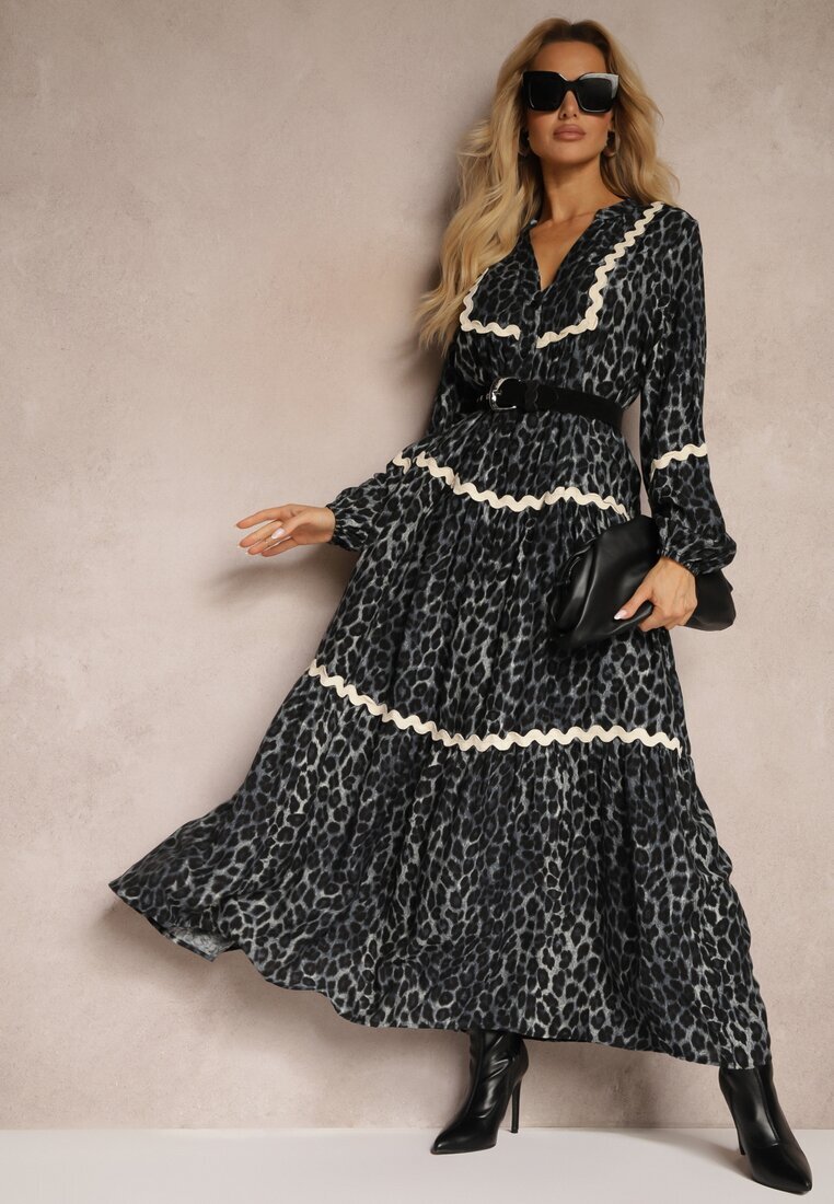 unigirl Rochie Gri leopard Evazată Decorată cu Borduri Ondulate Zetilaine