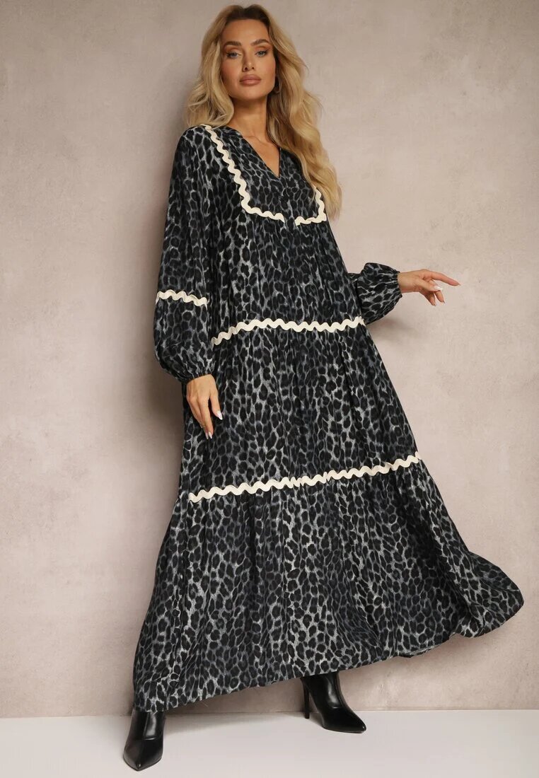 unigirl Rochie Gri leopard Evazată Decorată cu Borduri Ondulate Zetilaine