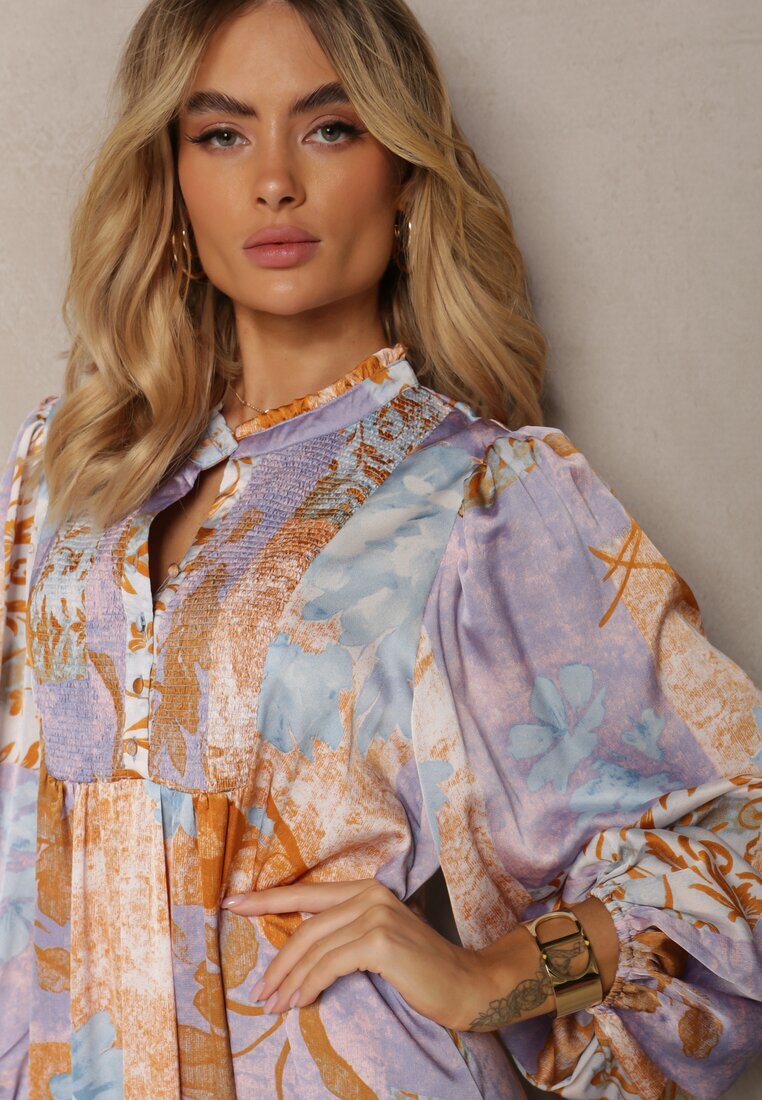unigirl Rochie Lungă Albastru-Violet cu Mâneci Largi cu Elastic și Drapaje Decorative Tamiafe