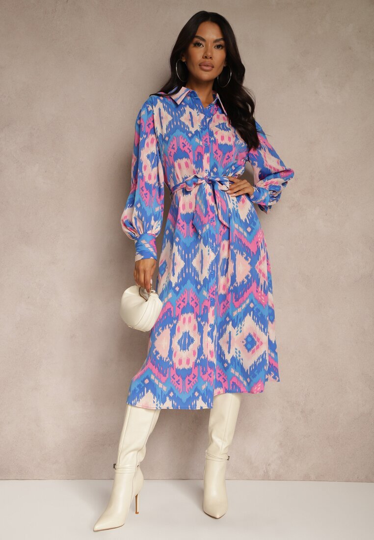 unigirl Rochie Midi Albastru-Roz cu croială de cămașă decorată cu model în stil etno Thailven
