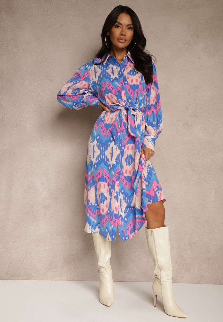 unigirl Rochie Midi Albastru-Roz cu croială de cămașă decorată cu model în stil etno Thailven