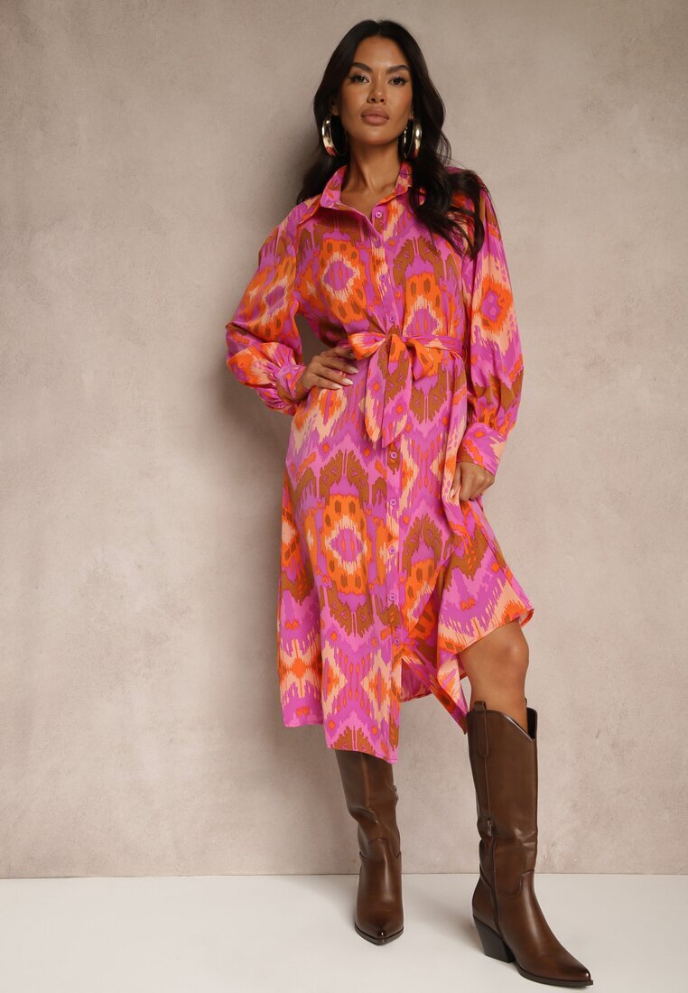 unigirl Rochie Midi Fucsia cu Croială Tip Cămașă Decorată cu Model Etnic Thailven