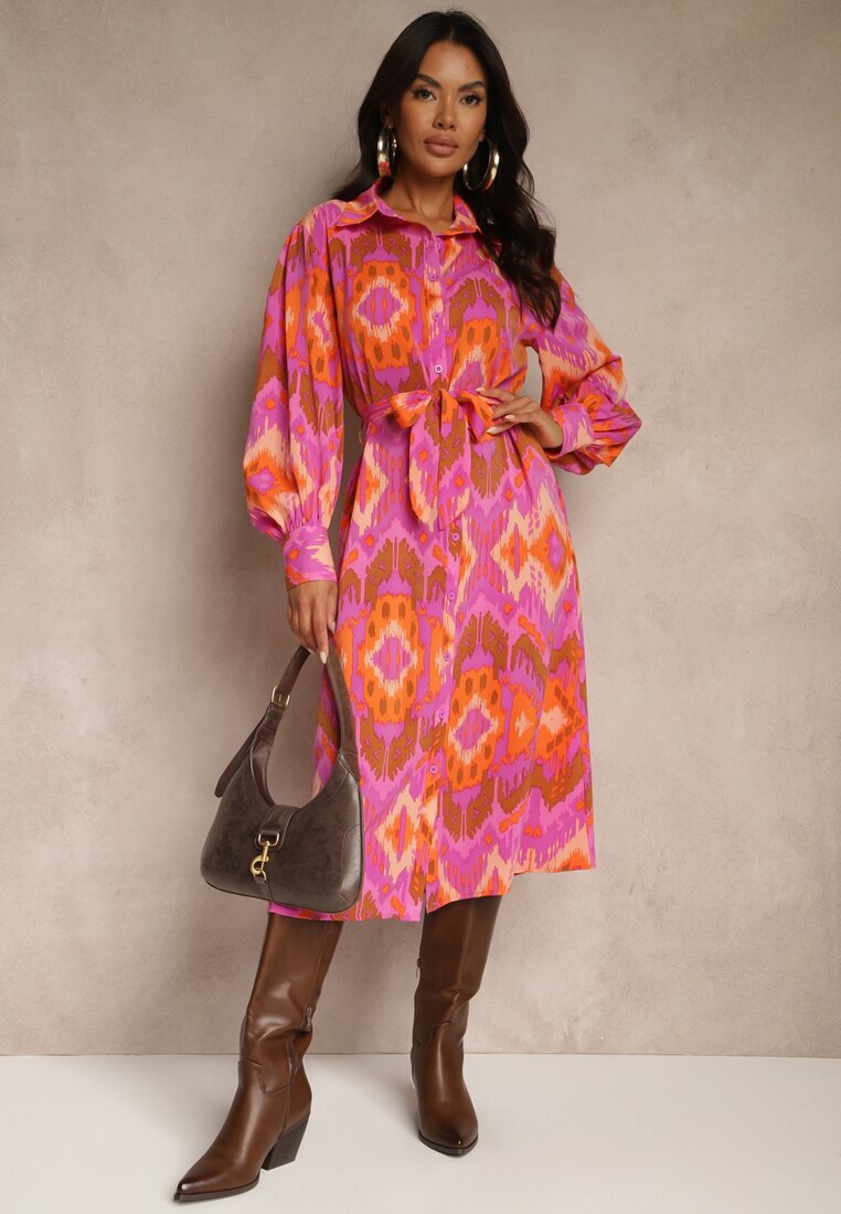 unigirl Rochie Midi Fucsia cu Croială Tip Cămașă Decorată cu Model Etnic Thailven