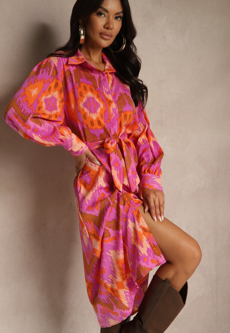 unigirl Rochie Midi Fucsia cu Croială Tip Cămașă Decorată cu Model Etnic Thailven
