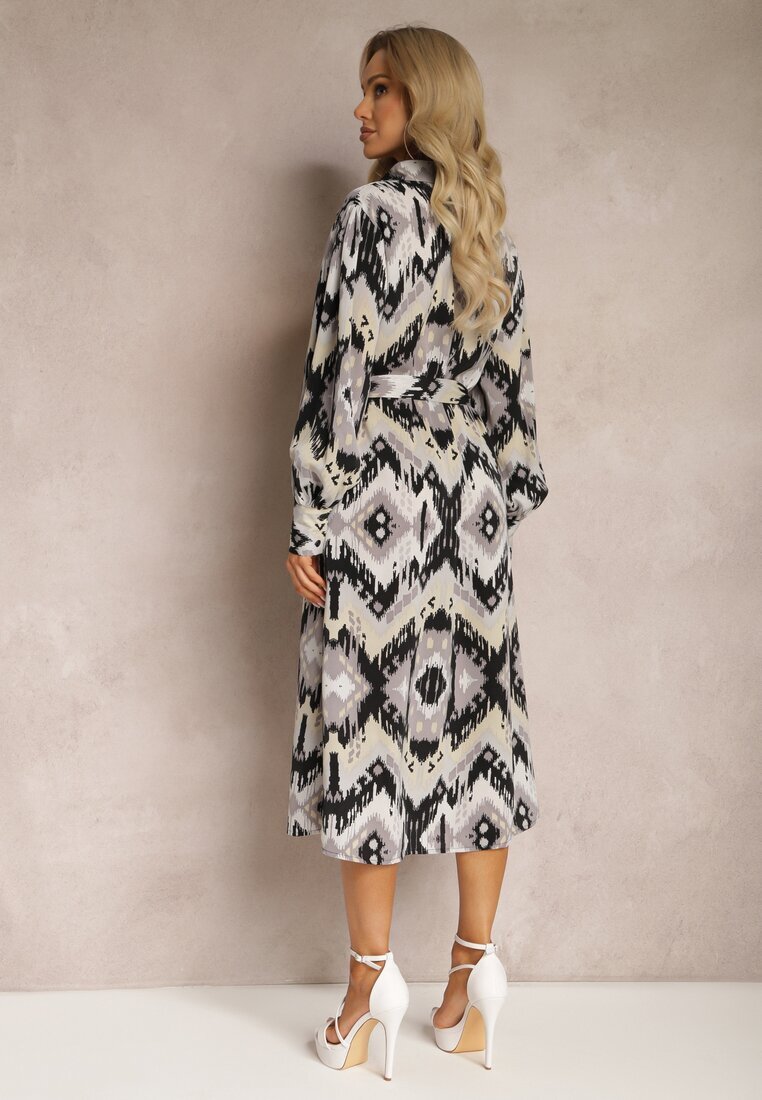 unigirl Rochie Midi Negru-Gri cu croială tip cămașă decorată cu model în stil etno Thailven