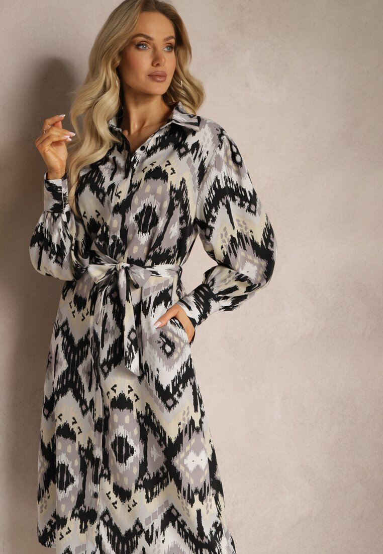 unigirl Rochie Midi Negru-Gri cu croială tip cămașă decorată cu model în stil etno Thailven