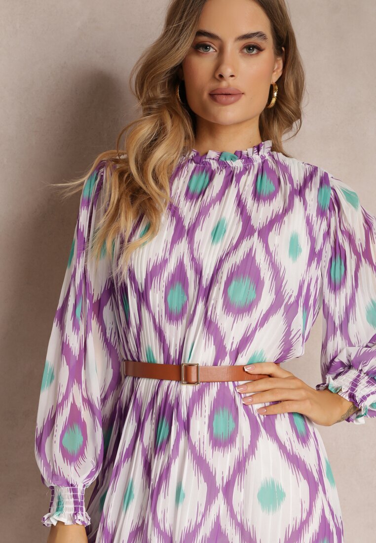 unigirl Rochie Mov Decorată cu Model și Plisare cu Cureaua Inclusă Bertina