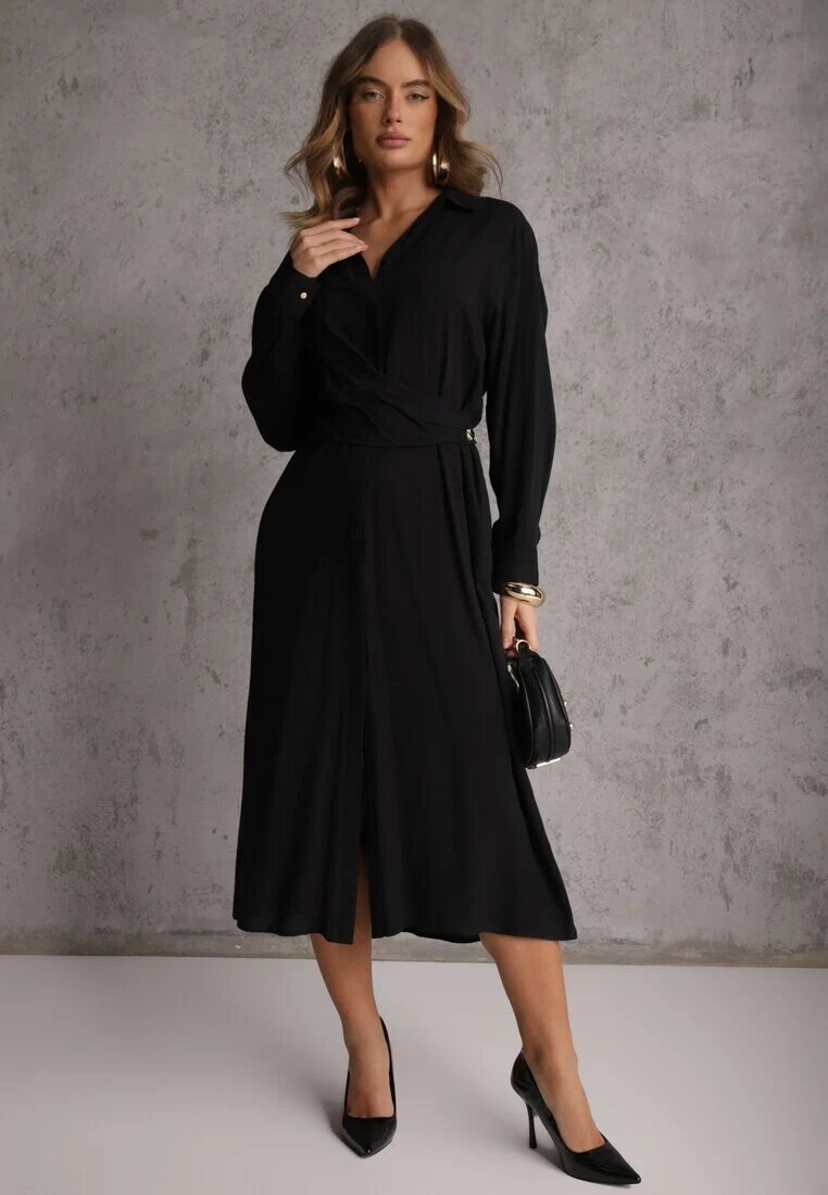unigirl Rochie Neagra camasa din Vascoza cu Drapaj Asimetric si Nasture Hetasa