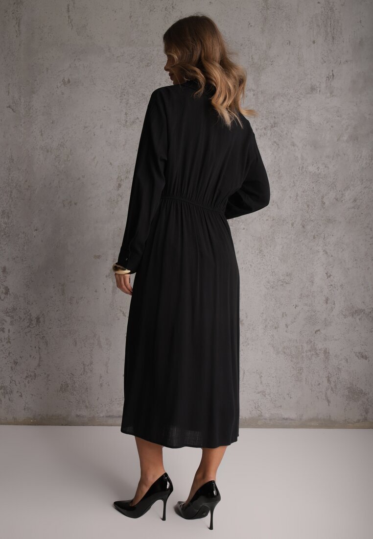 unigirl Rochie Neagra camasa din Vascoza cu Drapaj Asimetric si Nasture Hetasa