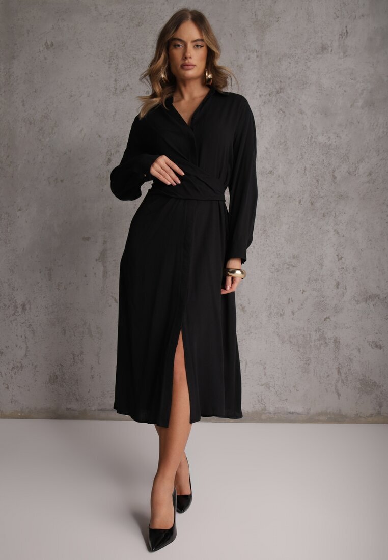 unigirl Rochie Neagra camasa din Vascoza cu Drapaj Asimetric si Nasture Hetasa