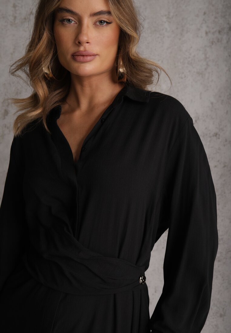 unigirl Rochie Neagra camasa din Vascoza cu Drapaj Asimetric si Nasture Hetasa