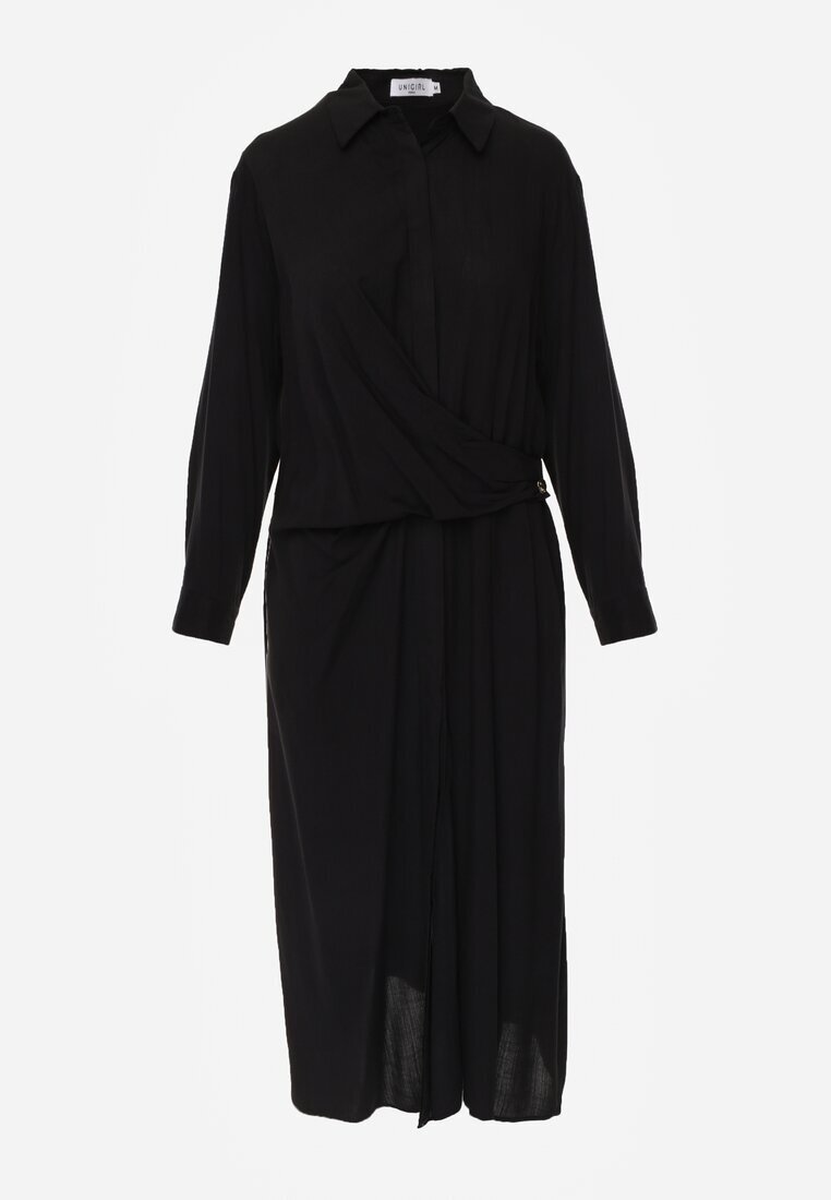 unigirl Rochie Neagra camasa din Vascoza cu Drapaj Asimetric si Nasture Hetasa