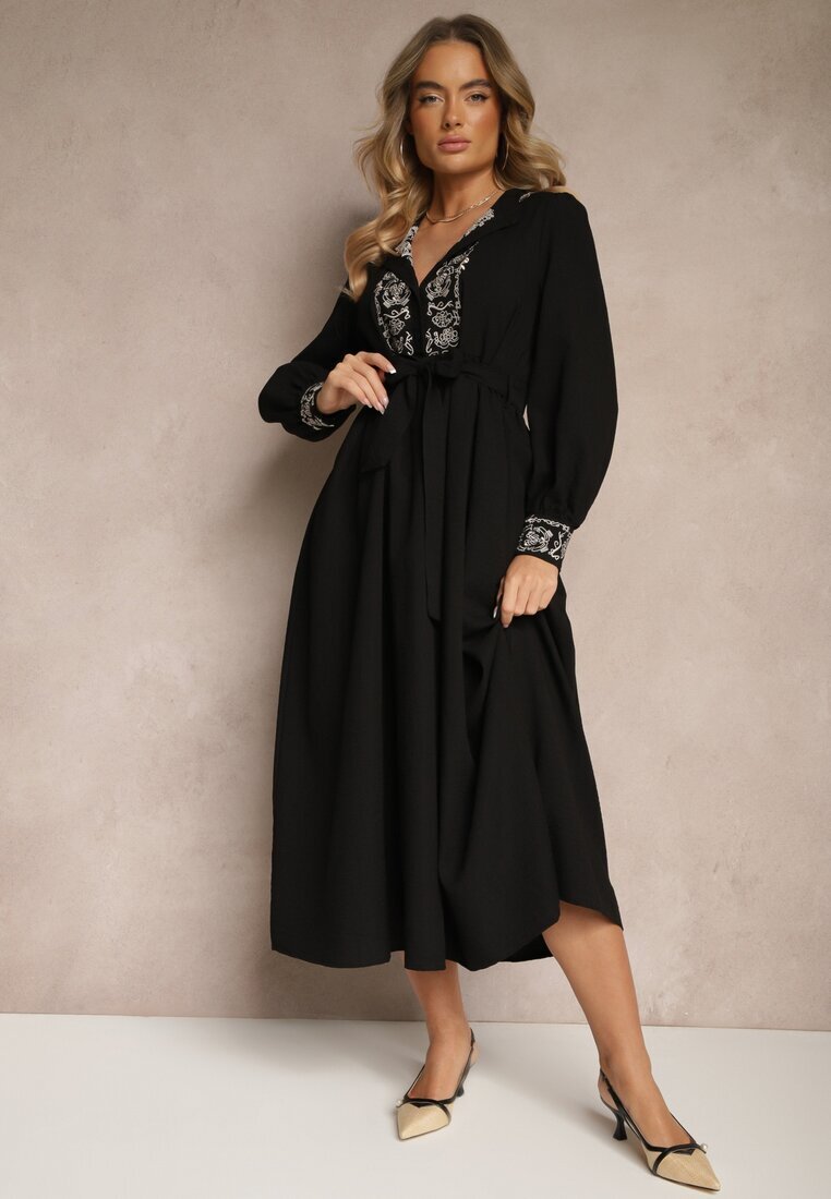 unigirl Rochie Neagră Cloș cu Viscoză Decorată cu Broderie și Legată în Talie Ninalisa