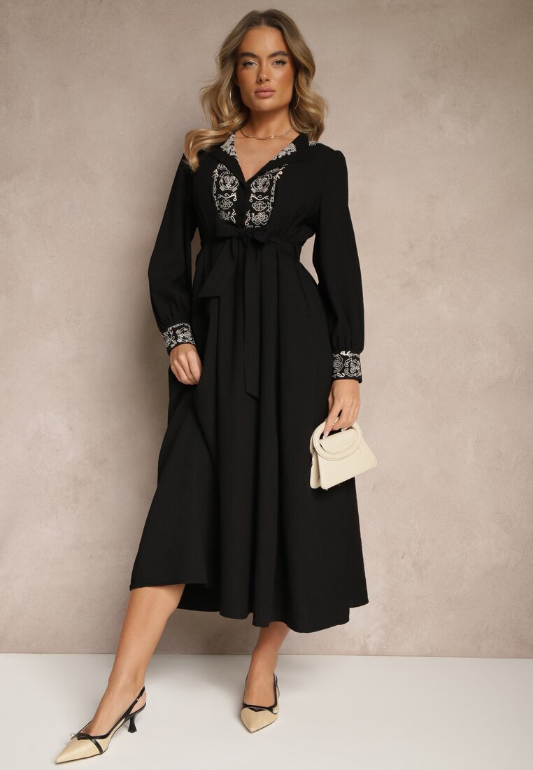 unigirl Rochie Neagră Cloș cu Viscoză Decorată cu Broderie și Legată în Talie Ninalisa