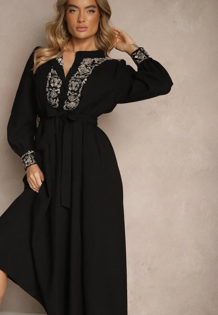 unigirl Rochie Neagră Cloș cu Viscoză Decorată cu Broderie și Legată în Talie Ninalisa